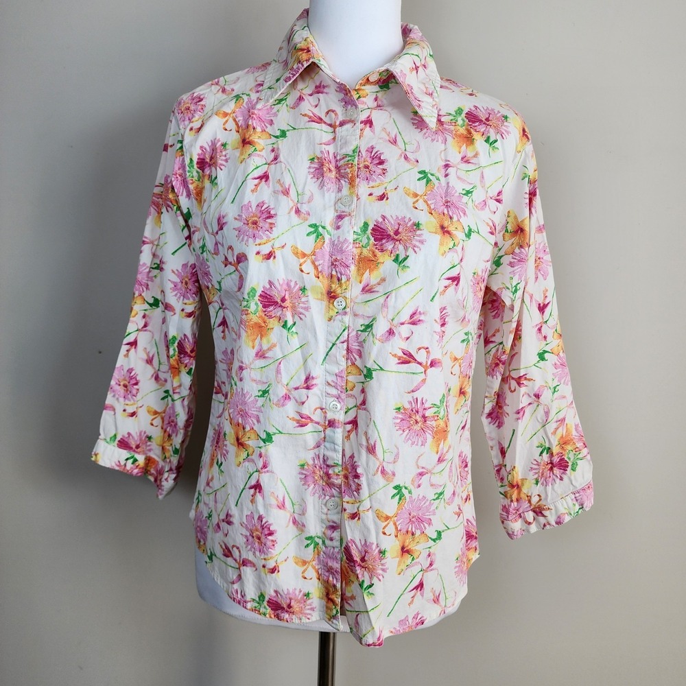 Cherokee Floral Blouse Womens Small Professional Office Button Up Shirt Summer